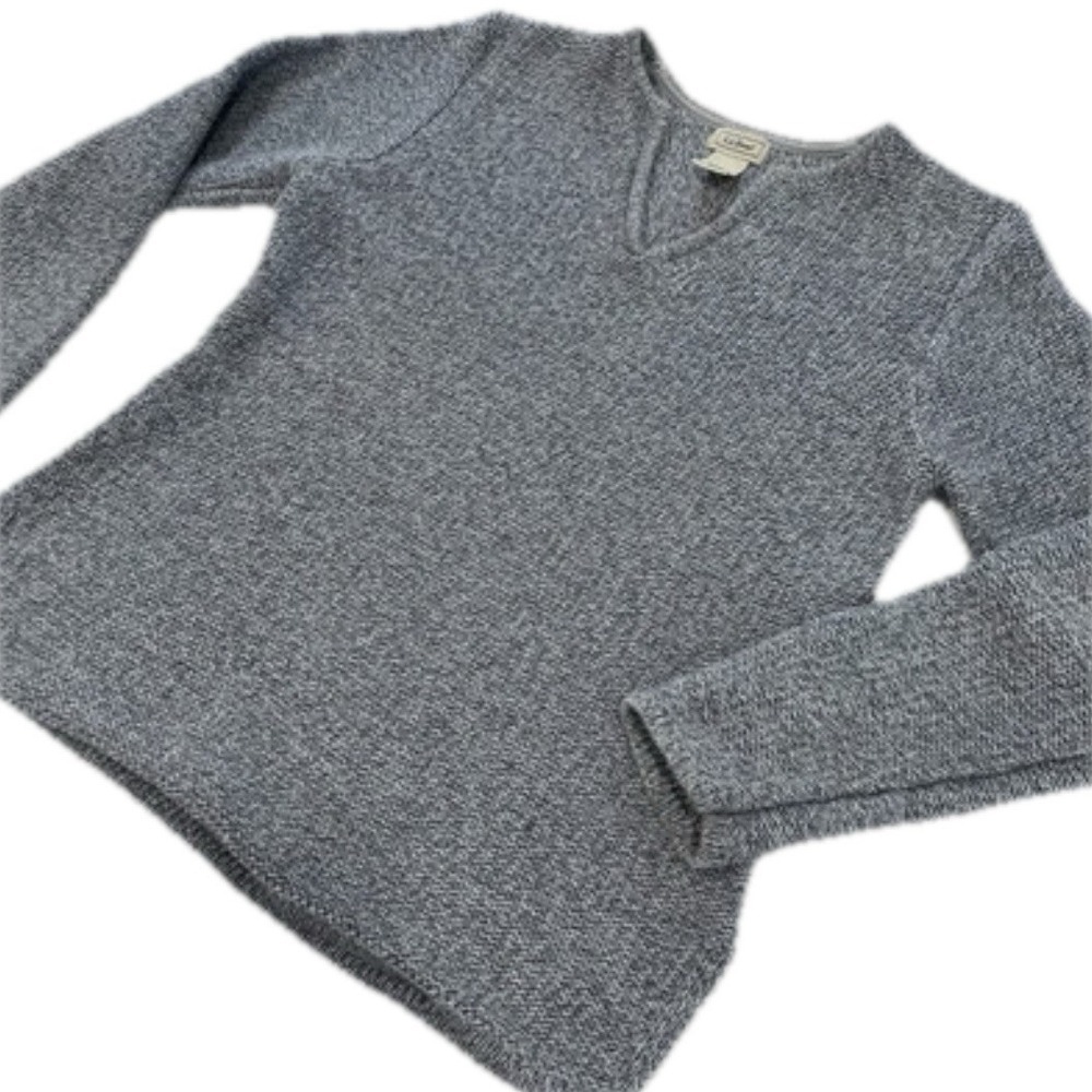Vintage LL Bean Blue Gray Marled Chunky Cotton Notch Neck Pullover Sweater SMALL
